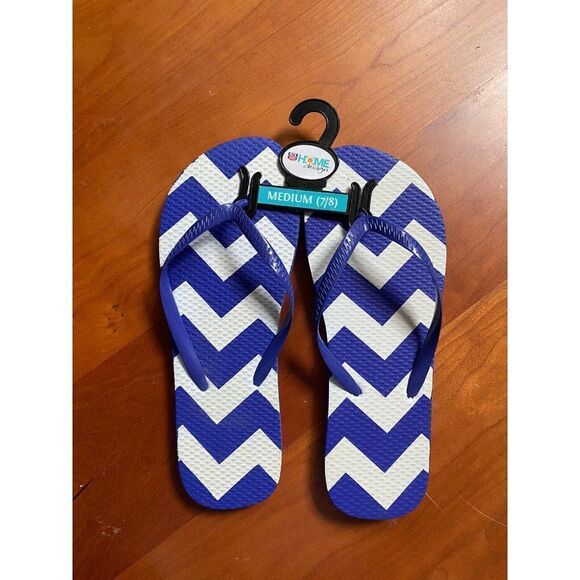 Chevron Flip Flops Sandals Blue White Women 7 / 8 - Picture 1 of 3